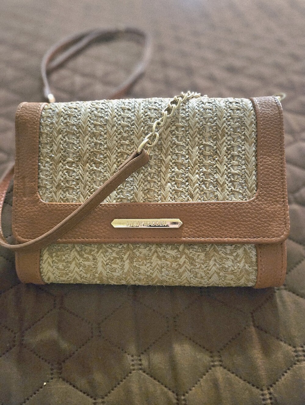 NWOT Steve Madden Saffron Crossbody Bag- Straw And Cognac Leather Trim